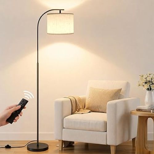 Floor Lamp with Linen Shade, Arc Dimmable Tall Standing Lamp with Remote Control, Modern Floor Reading Light for Living Room Bedroom Office Corner, 9W LED Bulb Included