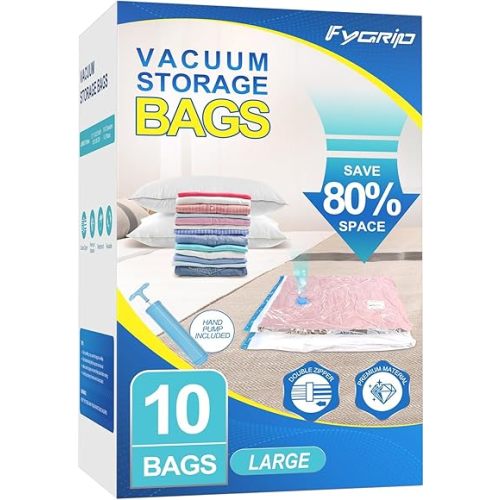 10 Pack Large Vacuum Storage Bags with Hand Pump, Plastic Packaging Bags, 80% Space Saver Vacuum Seal Bags for Clothing, Travel Lugggage, Blankets, Comforters