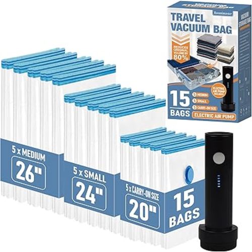 Vacuum Storage Bags, Vacuum Seal Space Saver Bags for Clothing, Travel Lugggage, Carry-on, Blankets, Comforters, Pillow, Bedding, 15 EPump