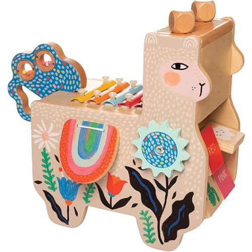 Manhattan Toy Musical Llama Wooden Instrument for Toddlers with Maraca, Clacking Saddlebags, Drumsticks, Washboard & Xylophone