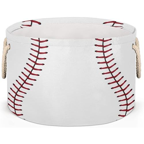 Pardick Large Round Storage Basket Red Stitching Baseball Collapsible Circle Storage Bin Laundry Hamper With Handle for Kids Toy Blanket Dirty Clothes Towel Living Room Nursery Storage Organizer