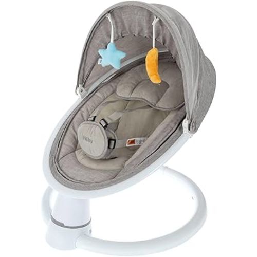Nuby Baby Swing with Canopy and Remote - 5-Level Infant Swing with Soothing Sounds and Mobile App Control - 0-9 Months - Gray