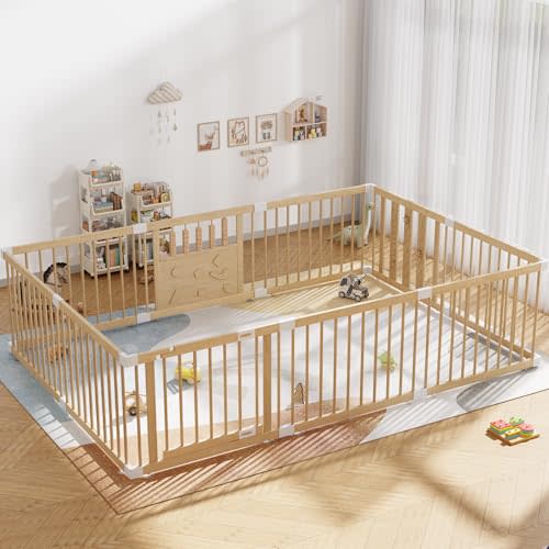 Wooden Baby Playpen with Child Safety Lock, Extra Large Playpen for Babies and Toddlers, Indoor Play Pen for Kids Activity Center, Portable Natural Wood Fence, Expandable, Suction Cups, 10 Panels
