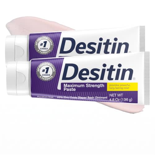 Desitin Maximum Strength Baby Diaper Rash Cream, 40% Zinc Oxide for Treatment, Relief & Prevention, Hypoallergenic, Phthalate- & Paraben-Free Paste, Protects Skin for 12 Hours, 4.8 oz (Pack of 2)