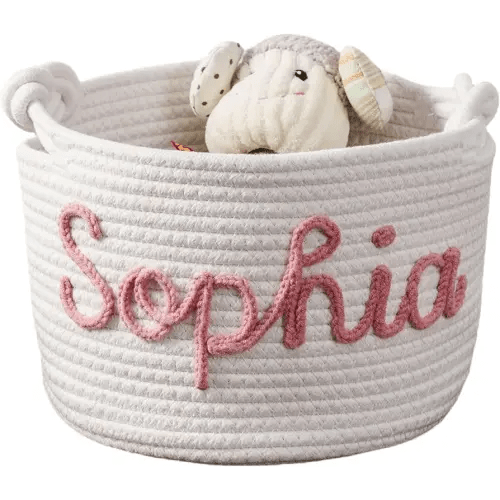 Custom Baby Gift Basket, Personalized Baby Show Gift Basket with Name, Children's Toy Storage Box, Rope Cotton Bag, Baby Name Basket, Newborn Baby Gift (Style 3)