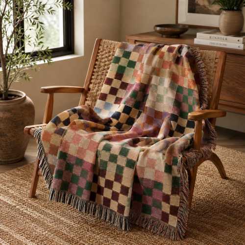Patchwork Checkerboard Woven Blanket | Colorful Geometric Throw