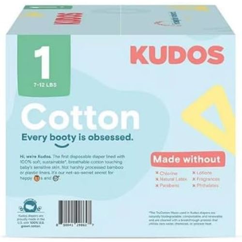 (1 Pack) ~ Kudos Chlorine~Free Premium Diapers, Cotton-Lined ~ Size 1~76 Count ~ 7-12 Lbs.
