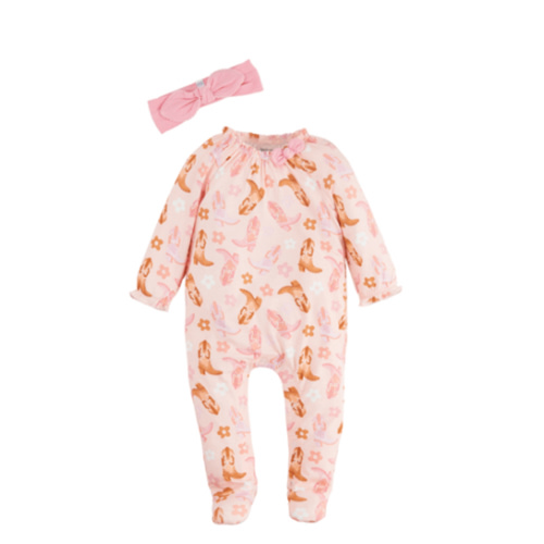 Cowgirl Baby Sleeper and Headband Set | Pink Sleeper 0-3M | Mud Pie
