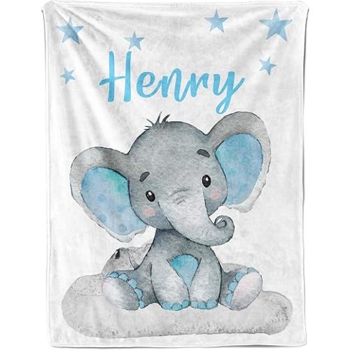 Personalized Baby Blanket for Boys Girls, Custom Elephant Baby Blanket with Name, Super Soft Newborn Receiving Blankets for Swaddle Toddler, Baby Shower Birthday Gifts Kids Blankets Unisex