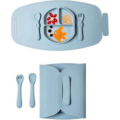 Modern Mini - Silicone Suction Plate for Baby and Toddler, Divided Plate with Fork & Spoon - Unbreakable, Non-Toxic, Food Grade Silicone, Strong Suction Grip, Spill Proof & Foldable for Travel!