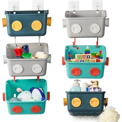 6 Pack Bath Toy Storage Organizer Basket, 3 Layers Wall Mounted Hanging Shower Caddy, Plastic Robot Modeling Kitchen Shelf with Hook, No Drilling Colorful Toy Holder for Kid Bathtub Shampoo