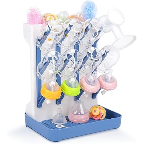 Baby Bottle Drying Rack with Drain Board, Vertical Space Saving Bottle Dryer Holder for Countertop, Large Capacity Organizer Stand for Glass Bottles, Pump Parts, Pacifiers, Cups & Accessories (Blue)