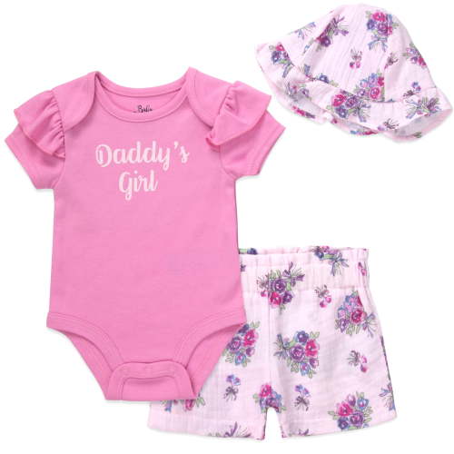 Baby Essentials Baby Girl 3-Piece Layette Set, Bodysuit, Floral Shorts & Sun Bucket Hat, Spring Summer Vacation Outfit, (Daddy's Girl Pink Floral, 3 months)