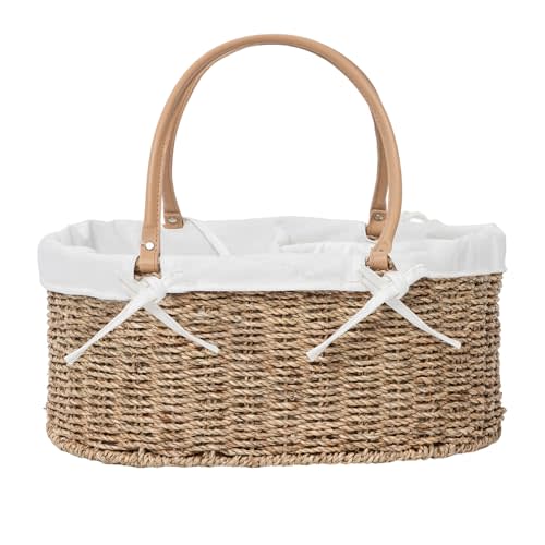 QINGTUHOME Handwoven Wicker Diaper Caddy Organizer, Multi - functional Baby Diaper Bag for Nursery & Home Storage, Detachable Lining, PU Handles, Baby Registry Must Haves (Seagrass)