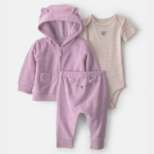 Baby Girl 3-Piece Bear Terry Layering Set - Purple | Carter’s Oshkosh Canada
