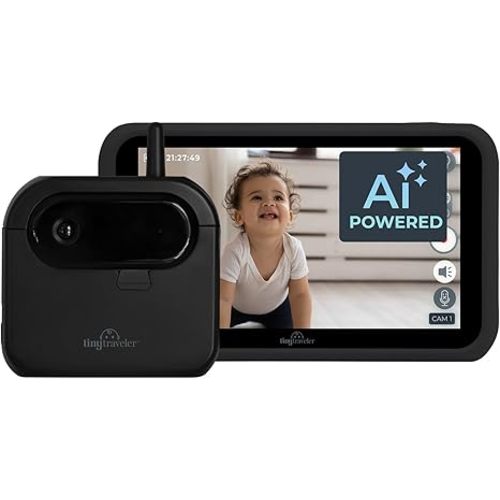 Tiny Traveler Ai Smart Wireless Baby Car Monitor with Power Bank - AI-Powered Safety Alerts: Cry/Laugh/Stand Detection, Virtual Fence, Long Range 1000ft Night Vision Lullabies Night Light - Black