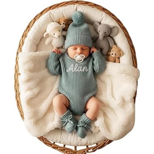 Personalized Embroidered Baby Romper Set - Cotton Newborn Coming Home Outfit, Knit Sweater with Hat & Booties,Gender Neutral Gift