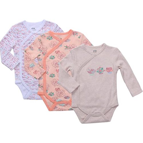 Baby Girl's 3-Pack Long-Sleeve Kimono Bodysuit Set -Side Snap Onesie Infant Bundle.