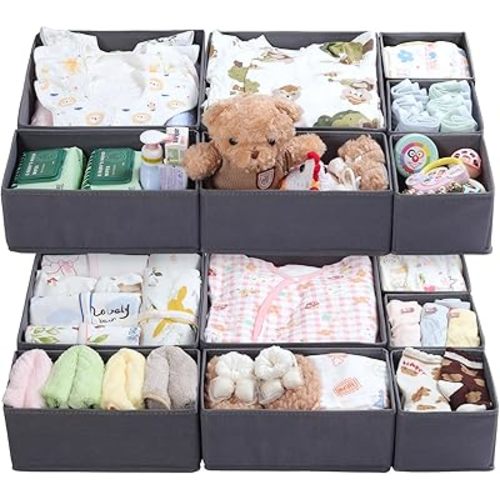 14 Pack Drawer Organizer for Clothes Dresser Organizer for Nursery-Perfect Baby Cloth Organizer and Storage General Nursery Organization or Dresser Drawer Organizer Bins Foldable Washable Grey