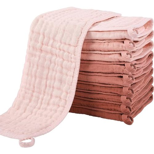 Yoofoss Muslin Burp Cloths for Baby 10 Pack 100% Cotton Baby Washcloths for Boys Girls Large 20''X10'' Super Soft and Absorbent Gradient Pink