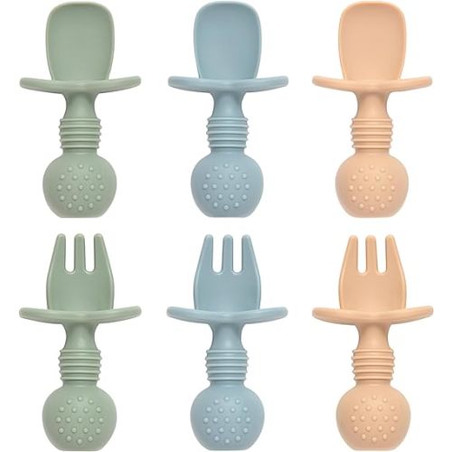 Eascrozn Baby Spoons and Forks Feeding Set, 6 Pack Silicone First Stage Self Feeding Toddler Utensils, BPA Free, Baby Led Weaning Supplies for Training Spoons