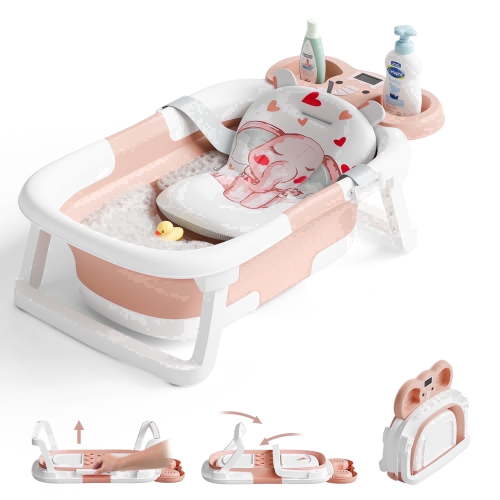 Tumajup Foldable Baby Bathtub Elephant PP+TPE with Soft Cushion&Thermometer for 0-36 Months Toddler Gray