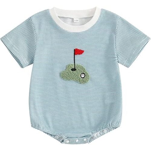 Unisex Baby Girl Boy Golf Clothes Short Sleeve Striped Sweatshirt Bubble Romper Bodysuit Cute Summer Outfit