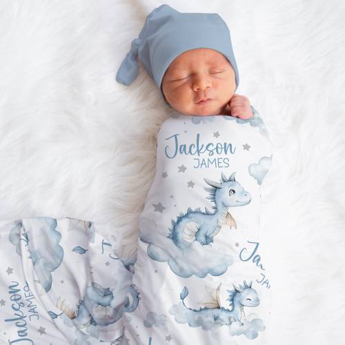 Personalized Dragons Swaddle Blanket Cloud Star Name Baby Blanket Newborn Baby Boy Coming Home Outfit Hospital Photo Outfit Baby Shower Gift