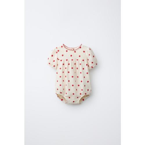 EMBROIDERED FLORAL ROMPER - Ecru / Red | ZARA United States