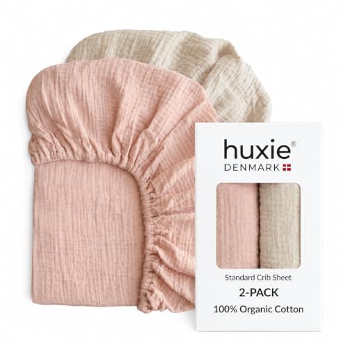 Crib Sheets, 100% Organic Cotton Muslin, 28"x52" Standard 2-Pack | GOTS-certified deep-pocket 360° elastic fit, fits full-size & toddler mattresses, gender-neutral (Fog/Blush)