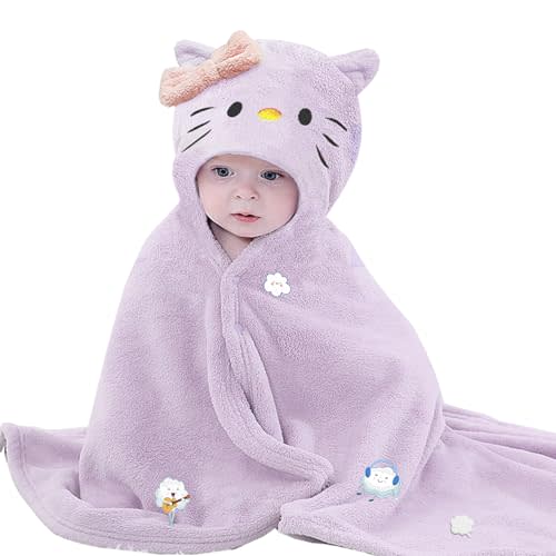 Toddler Baby Bath Towel with Hood 27.5"X55" Ultra Absorbent Soft Cozy Comfort Bathrobe Blanket, 0-6 Years Infant Shower Towel for Girls & Boys(Purple-Cat)