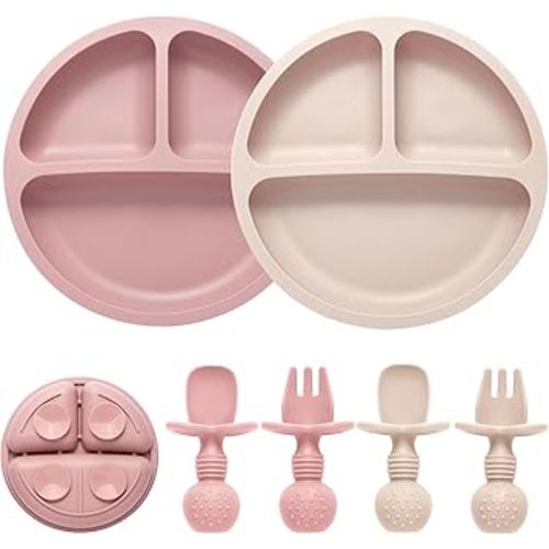 Silicone Feeding Set, 2 Pack Divided Toddler Plates with Suction, 2 Pack Utensils - Spoons & Forks, BPA Free, Baby Led Weaning Supplies
