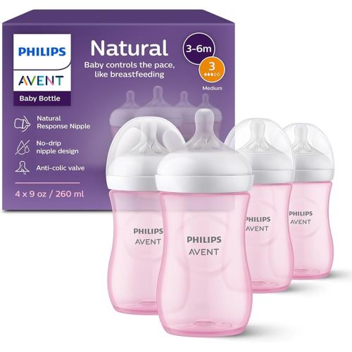 Philips Avent Natural Baby Bottles with Natural Response Nipples (Medium Flow, Flow 3), 9oz, Pink, 4-Pack, SCY903/14
