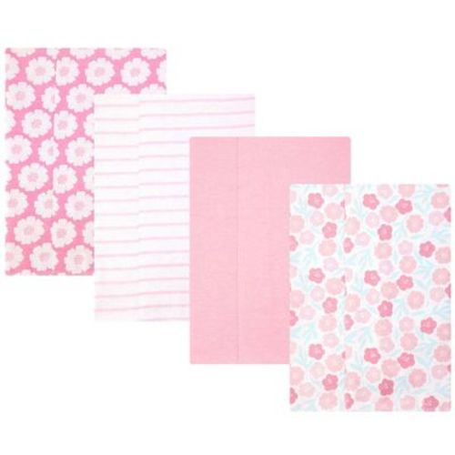 Hudson Baby Infant Girls Cotton Poly Flannel Burp Cloths 4-Pack, Pink Daisies, One Size