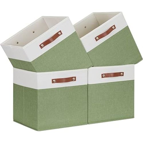 Temary 13 Inch Cube Storage Bin 4 Pack Fabric Storage Cubes Fabric Storage Bin for Shelf, Cube Storage Basket with Leather Handles(White&Green)