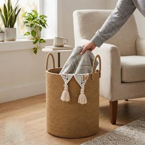 Large Woven Laundry Basket Hamper 60L, Straw Yellow