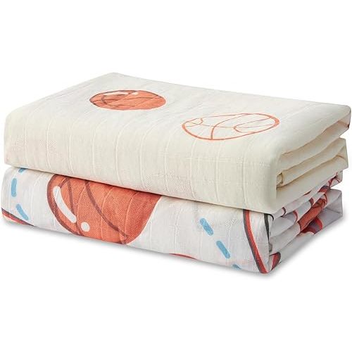 Muslin Swaddle Blankets for Baby Boys and Girls, 2-Pack Large 47 x 47 Inches, Breathable Receiving Blanket, Unisex Newborn Essentials, and Registry Must-Have (Basketball Fun)