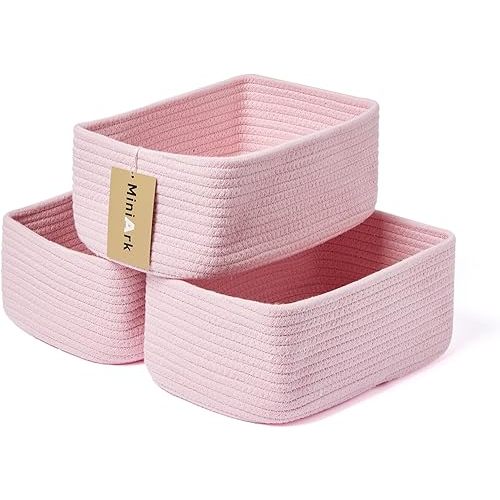 MiniArk Small Storage Baskets for Organizing | Closet Organizer Bins | Shelf Toy Basket | Woven Rope Baskets | Cube Decorative Box | Shallow Basket | 11.5x7.5x4.7” | 3 Packs Pink