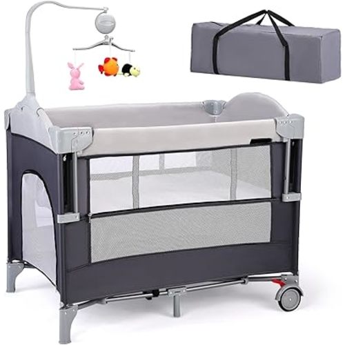 Bonnlo 4 in 1 Pack and Play, Bedside Crib Sleeper with Padded Mat (Gray)