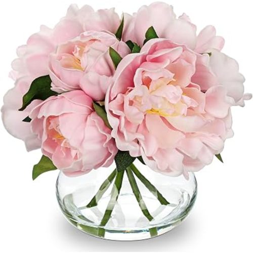 Hollyone Pink Peonies Artificial Flowers with Glass Vase Medium 7.8inch Faux Peonies Look Real Peony Fake Flowers Silk Flower Arrangements with Faux Water for Wedding Table Centerpiece Home Decor