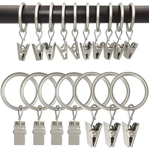 AMZSEVEN 100 Pack Metal Curtain Rings with Clips, Curtain Hangers Clips, Drapery Clips with Rings, Drapes Rings 1 in Interior Diameter, Fits Diameter 5/8 in Curtain Rod, Matte Silver