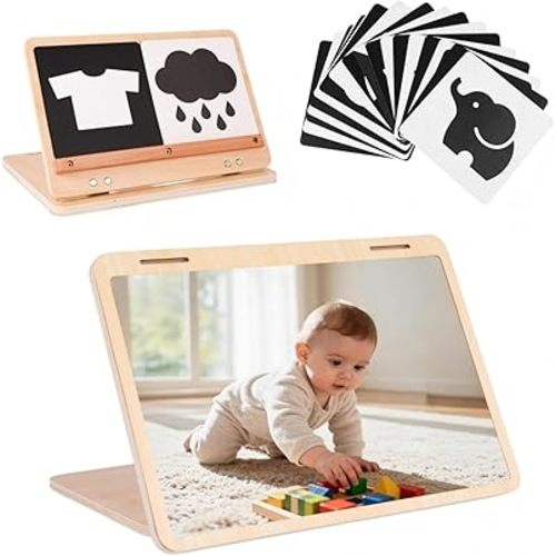 Tummy Time Mirror Large Baby Mirror Toy and Card Display Stand with Black and White High Contrast Baby Cards Double-Sided Design Adjustable Angle Montessori Mirror
