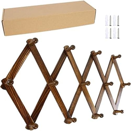 AMAPON Accordion Style Expandable Wall Wooden Coat Rack 13 Hooks (Pegs) Hang Hats Jackets Coffee Mug Purses Necklaces Towels Cap Leash Scarves Data Line Kitchenware (Walnut 2 Pack)