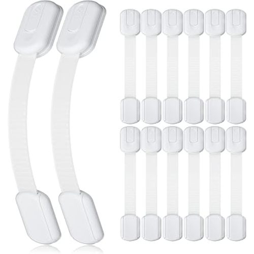 4our Kiddies 14 Pack Baby Proof Cabinet Latches, Childproof Drawer Latches with 12 Extra 3M Adhesives, Adjustable No Drilling Child Safety Cabinet Locks Straps Baby Drawer Locks for Kids Baby Safety