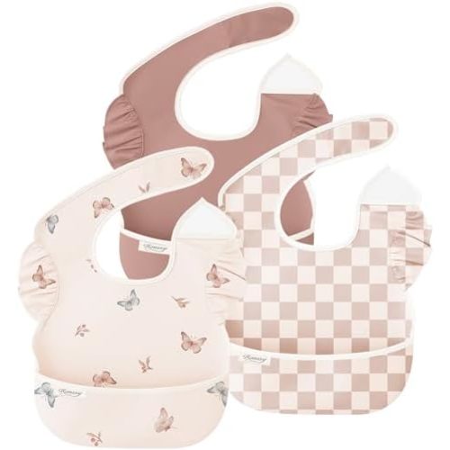 Konssy 3-Pack Waterproof Baby Bibs for Eating, Wipeable Toddler Ruffle Feeding Bibs with Catch-All Pocket for Girls Boys