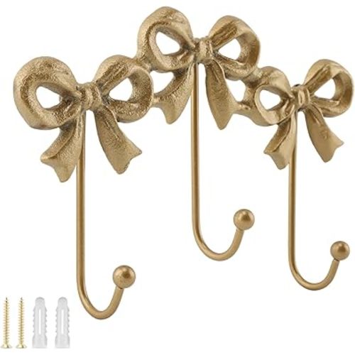 Bow Wall Hook, Wall Mounted Bow Coat Hooks, Decorative Iron Hook, Multifunctional Coat Hanger for Living Room Bathroom Bedroom(Color:Gold)