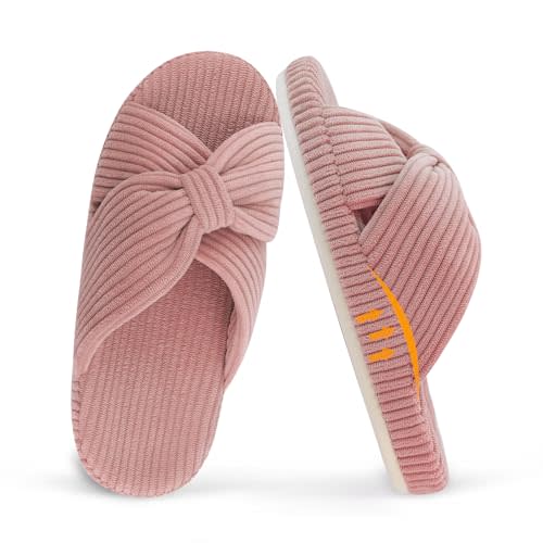 Women's Arch Support Slippers for Plantar Fasciitis Orthopedic Corduroy Crossband Memory Foam House Shoes Open Toe Bow Slide for Gift