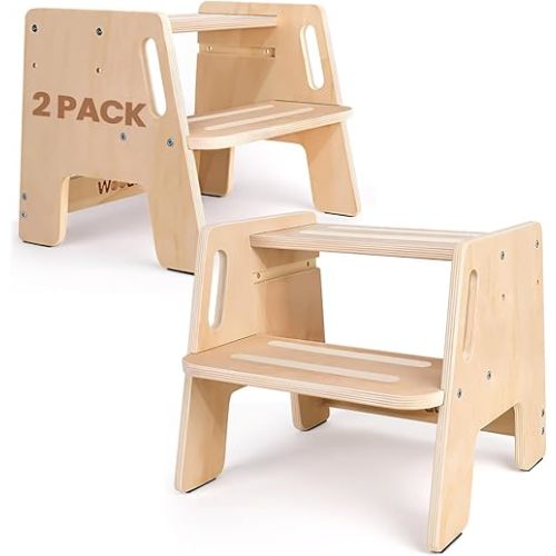 2 Pack Toddler Step Stool, Wooden Height-Adjustable 2-Step Stool for Kids, Potty Training Stool with Handles