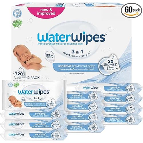 WaterWipes Sensitive+ Newborn & Baby Wipes, 3-In-1 Cleans, Cares, Protects, 99.9% Water, Unscented & Hypoallergenic, 720 Count (12 Packs)