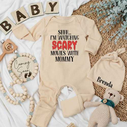 Shhh... I’m Watching Scary Movies With Mommy Baby Bodysuit, Funny Halloween Baby Outfit, Cute Baby Shower Gift, Newborn Clothes
